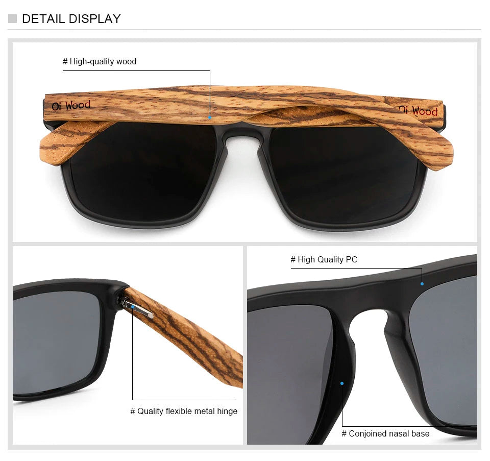 Oi Wood Polarized Square Sunglasses – Bold Lenses with Sleek Wooden Frames for People Who Dare to Stand Out!